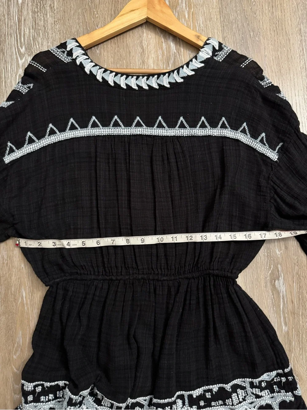 Free People Black Tunic with White and Blue Embroidered Trim